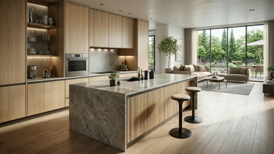 Une cuisine moderne et lumineuse avec des armoires blanches, des appareils en acier inoxydable et un îlot central avec un comptoir en bois, créant un espace propre et fonctionnel