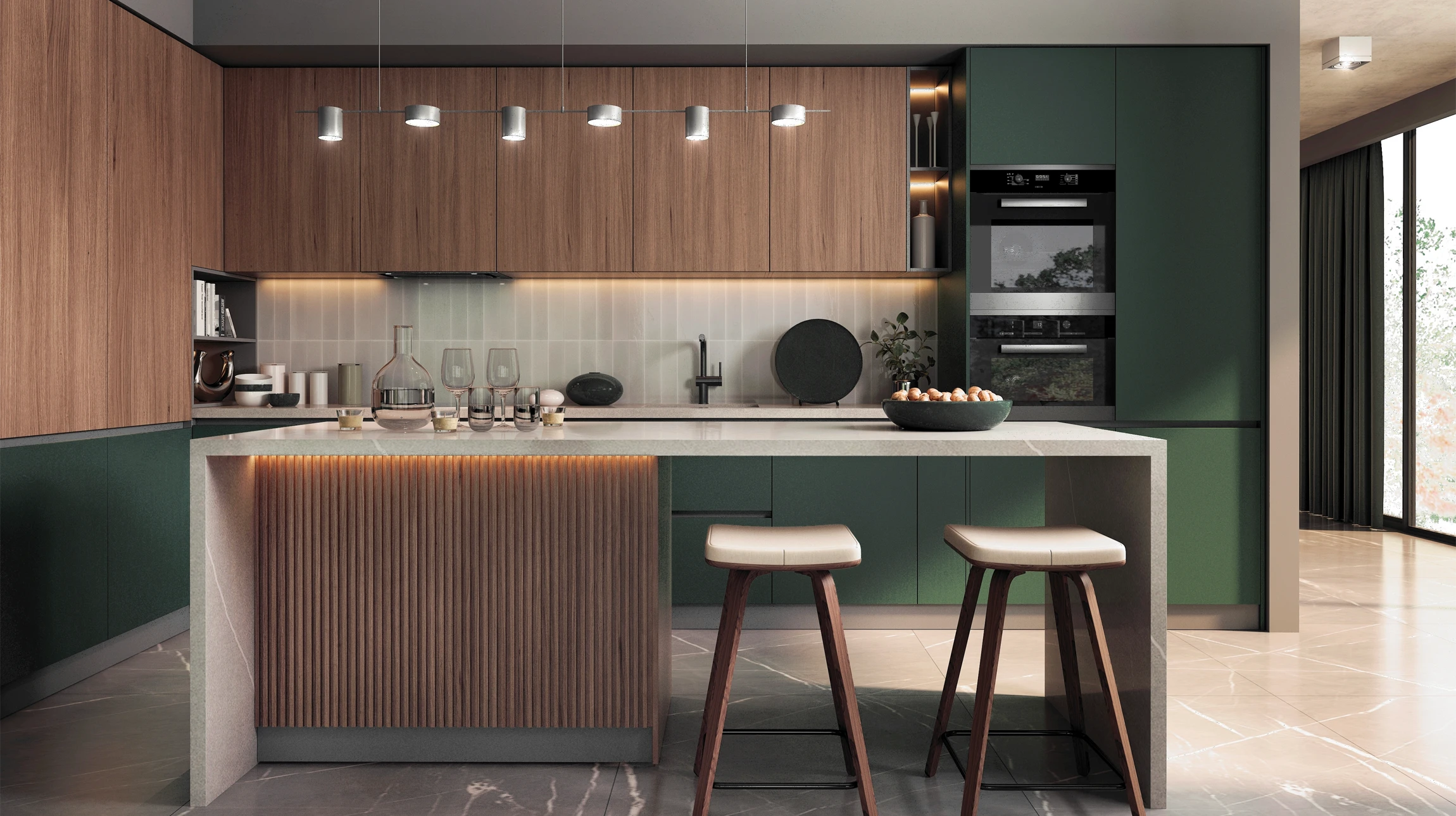 Une cuisine moderne et lumineuse avec des armoires blanches, des appareils en acier inoxydable et un îlot central avec un comptoir en bois, créant un espace propre et fonctionnel