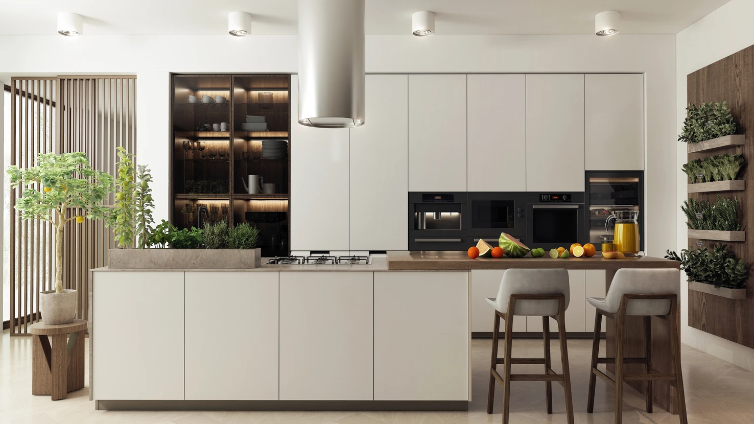 Cuisine moderne avec îlot central équipé de plaques à induction et évier intégré